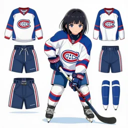 cute anime girl ice hockey player, habs jersey, blue white and red color blocking, character concept exploration, ghost in the shell, outfit designs, trending on artstation, 8k