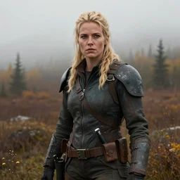 fallout 5, charismatic beautiful rugged blonde female protagonist, portrait, outdoors alaskan wilderenis, atmospheric lighting, painted, intricate, volumetric lighting, beautiful, daytime, autumn, overcast weather, foggy, sharp focus, desaturated colours, ultra detailed, art by william turner