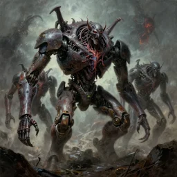 grim dark oil sci fi painting ai machine apocalypse, evil technology, demon robot machines, pain, agony, suffer, octane rendering, trending on artstation, by zdzisław beksinski, studio ghibli, michael whealan and james gurney detailed, 8 k
