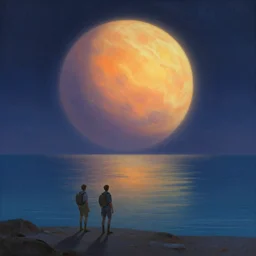 the eternal twilight planet, calm ocean, two explorers on the foreground, art by emmanuel shiu _ w 7 6 8