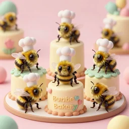 bumblebee bakery, bumblees with tiny chef hats, kitschy, pastels, soft lighting, digital art, 8k