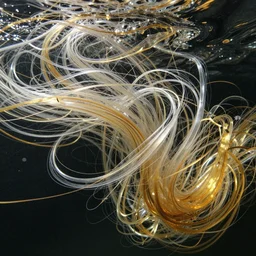 hundreds of thin threads of translucent gold and silver unravel and twist around each other confusingly and flow underwater in a fast current, hyperrealistic