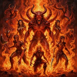 high intricate fiery 3 d painting!!! of hell demons!!!!! surrounded by fire!!!, neil gaiman, ( ( alejandro mirabal ) ), ( ( cory loftis ) ), patryk stefaniak, rebecca hu!!, ben mauro, logan preshaw!!, trending on artstation