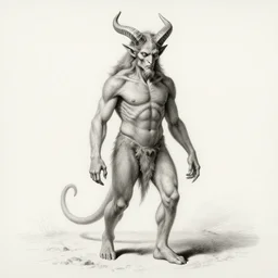 full body grayscale drawing by Gustave Dore and Anato Finnstark of horned humanoid demon, engulfed in swirling flames