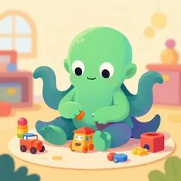 a cute vector illustration of cthulhu as a kindergarten age playing with toys at the creche by artist francois launet, concept art, cartoon style, gaudy colors, octane render