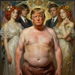 1960s Neo Rococo Expressionist, 1960s orientalism, diffuse lighting, fantasy, intricate, elegant, highly detailed, lifelike, photorealistic, digital painting, artstation, illustration, concept art, smooth, sharp focus, Shirtless chubby Donald Trump, art by John Collier and Albert Aublet and Krenz Cushart and Artem Demura and Alphonse Mucha