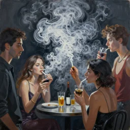 an abstract painting of a cloud of nicotine smoke consuming modern party guests, highly artistic