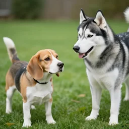 Beagle looking at a Husky