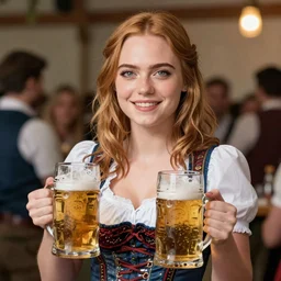octoberfest, emma stone in oktoberfest girl uniform, holding beer mugs, photoshoot, 4 k, hyper realistic, natural, highly detailed, digital illustration, trending in artstation, classical painting, smooth, sharp focus art by ilya repin, detailed face of emma stone
