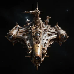 symmetric steampunk space ship in dark space, unreal engine, digital