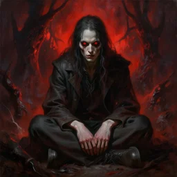 a painting of a creepy man with red eyes sitting on the ground, an ultrafine detailed painting by noah bradley, trending on cgsociety, fantasy art, apocalypse art, concept art, hellish background