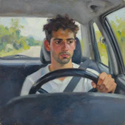 an expressive oil painting of a soremi driving a car