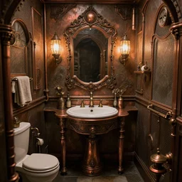 very very detailed steampunk bathroom intricate oxidized copper