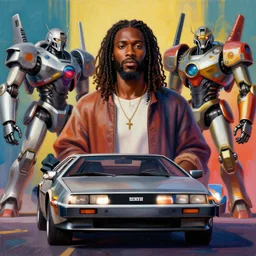 stylish 3 d vfx - portrait - movie poster - art of an african jesus in a delorean - surrounded by mecha robots, art style by james jean & hsiao - ron cheng, unreal engine render, digital illustration, sharp, intricate detail, volumetric lighting, ray tracing, soft lighting, colourful, philippe bouchet style, symmetry, ernie barnes style, acrylic on canvas,