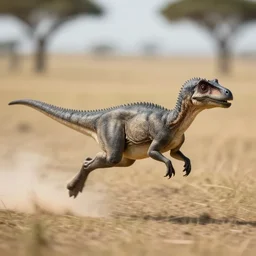award winning photo by national geographic of a tiny gray dinosaur running very fast in the savannah, very dusty, motion blur, tiny gaussian blur, insanely detailed, insanely intricate, depth of field, low contrast, summer, wide aperture, action photography