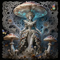 a mushroom queen in her 3 d bioluminescent radically alive world of fungal fractals and butterflies, intricate mycelial lace, fractalpunk, rococo, ultra detailed, intricate details, ornate, hyperrealistic, octane render, inspired by ross tran & james jean & android jones & william morris & ernst haeckel & alphonse mucha