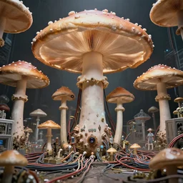 wide - angle shot of cybertronic mushroom, cables and tubes, depth of field, zeiss lens, detailed, symmetrical, centered, fashion photoshoot, by nicoletta ceccoli, mark ryden, lostfish, earl nore, hyung tae, frank frazetta, breathtaking, 8 k resolution, extremely detailed, beautiful, establishing shot, artistic, hyperrealistic, octane render