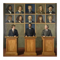 an episode of jeopardy, podiums, grid on wall, painted by jan van eyck