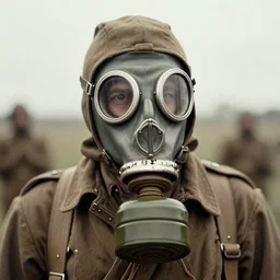 a man wearing detailed hooded gas mask at distance, ww1 film photo, grainy, high detail, high resolution