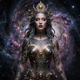 a wlop 3 d render of very very very very highly detailed beautiful mystic portrait of a phantom cthulu priestess jennifer lawrence with whirling galaxy around, tattoos by anton pieck, intricate, extremely detailed, digital painting, artstation, concept art, smooth, sharp focus, illustration, intimidating lighting, incredible art,