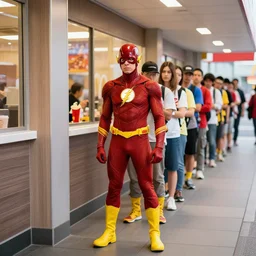 Marvel comics character The Flash waiting in a long line at McDonalds