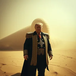 wide shot of donald trump as baron vladimir harkonnen on the planet dune, a mile behind him a gigantic sand worm bursts out of the ground, dune, atmospheric, cinematic, artstation
