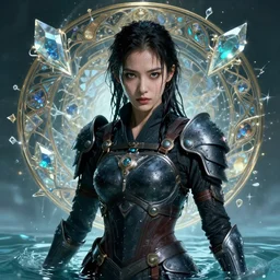 portrait of a young handsome cyberpunk ninja woman wearing a warrior armor, drenched body, wet dripping hair, emerging from the water, fantasy, regal, fractal crystal, fractal gems, by stanley artgerm lau, greg rutkowski, thomas kindkade, alphonse mucha, loish, norman rockwell.
