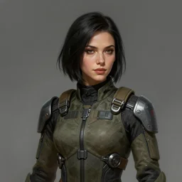 Portrait of a woman by Greg Rutkowski, she is about 20 years old, british, black bob hair, young, attractive, slim, badass, hardened but somehow friendly look, she is wearing futuristic military fatigues, highly detailed portrait, scifi, digital painting, artstation, concept art, smooth, sharp foccus ilustration, Artstation HQ