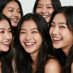 close up studio shot of a group of beautiful young mixed Chinese Japanese women, long black hair, green eyes, laughing, photorealistic,8k, XF IQ4, 150MP, 50mm, F1.4, ISO 200, 1/160s, natural light