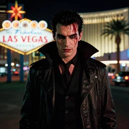 35mm kodak portra portrait of a shadowrun vampire on the Las Vegas strip at night by tomer hanuka and tom bagshaw, handsome face, blood, urban fantasy, hyper realism, high detail, octane render, 8k, trending on artstation, CGsociety, concept art