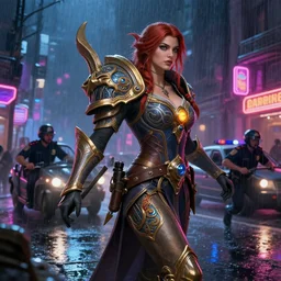 police chase, night life, neon glow, heavy rain, deep focus, d & d, fantasy, intricate, elegant, highly detailed, digital painting, artstation, concept art, matte, sharp focus, illustration, hearthstone, art by artgerm and greg rutkowski and alphonse mucha