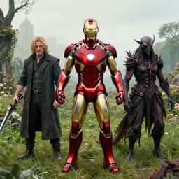 portrait of marvels ironman ( ( ( ( at court ) ) ) ) by hr giger, greg rutkowski, luis royo and wayne barlowe as a diablo, resident evil, dark souls, bloodborne monster, elden ring creature : : in a garden, grassy field, large field in the background