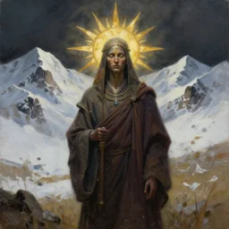 sun priest of the snowy mountains. oil painting by underground comic book artist, chiaroscuro, intricate details, bokeh, backlighting, field of depth, safe for work