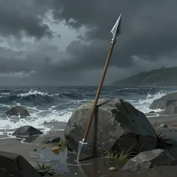 fantasy illustration of an iron throwing spear propped against a wet stone on a stormy shore, trending on artstation, digital art ( by brad rigney ) ( by greg rutkowski ) ( by artur treffner )