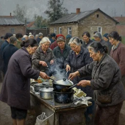 dark oil realistic painting a crowd of old women around a street vendor of saucepans in soviet suburb