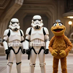 photo of muppets dressed as imperial troopers in mos eisley, cinestill 8 0 0 t, 8 5 mm f / 1. 8, bokeh, cinematic