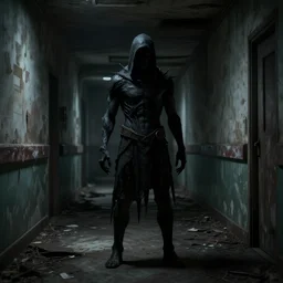 a dark entity in a dark abandoned hospital hallway, 4k digital art, high-resolution photograph, high detail