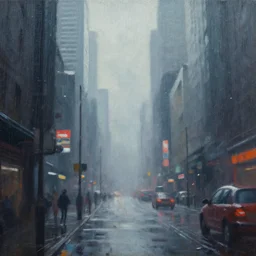 a painting of a city street in the rain, cyberpunk art by vincent lefevre, cgsociety, panfuturism, cityscape, streetscape, mist