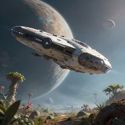 spaceship hovering over an alien planet, strange plants, low angle shot, concept art, volumetric lighting, volumetric atmosphere, sharp focus, by chris foss, concept art, digital illustration, trending on artstation, 8 k