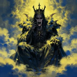 full shot of a crying!!!! king of darkness!!, covered in yellow and blue clouds, evil, scary, demonic, by kim keever
