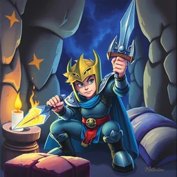 1 9 7 5 retro game poster. indigo knight. cozy. character class. drew struzan. keith parkinson. oil on canvas. castle crashers