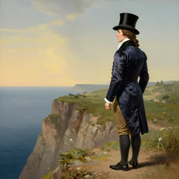 a woman costumed as a man, wearing top hat and silk tailcoat, looking at the horizon from the top of a cliff, painting