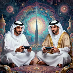 portrait, twins playing video games, sheik mohammad ruler of dubai, background in the fourth dimension, psychedellic fractals, hyperdetailed illustration by irakli nadar and alexandre ferra, intricate linework, unreal engine 5 highly rendered, global illumination, detailed and intricate environment