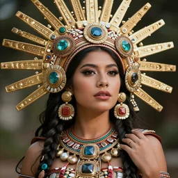 hyper realistic portrait photo of beautiful mexican, aztec model, portrait shot, intricate detail, glittering sun rays