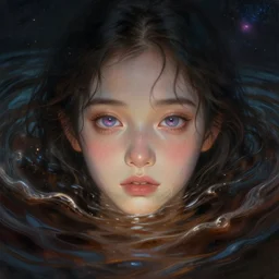 a cute girl with dark eyes full of cosmic nebulae drowning in a roiling ocean of coffee, nostalgic melancholic artwork