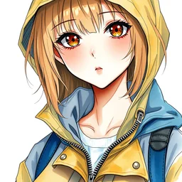 a watercolour manga portrait illustration by sui ishida and alphons mucha of an anime girl highly detailed anime eyes wearing an anorak lots of zippers, pockets, synthetic materials, jumpsuits by issey miyake and balenciaga 8 k