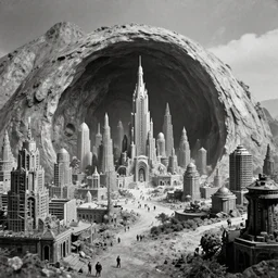 old photograph from a strange alien city, hollow earth, black and white