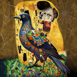 an insanely detailed cell shaded vector art of a mechanical bird with woman and the death, intricate detailed autumn leaves, spiderweb, mycelia, by ruan jia, fantasy, hyper detailed, concept art, by gustav klimt, by greg rutkowski