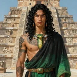 portrait of a beautiful young slim male aztec priest of the snake god, long curly black hairs, ritual tatoos, fluent robes, by greg rutkowski and alphonse mucha, d & d character, gradient black to green, in front of a decorated stone ziggurath, highly detailed portrait, digital painting, artstation, concept art, smooth, sharp focus ilustration, artstation hq