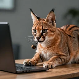 a caracal playing with a pc, photorealistic, 8 k, ultra detailed